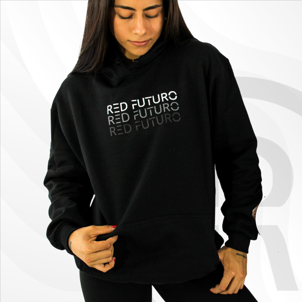 Futu®e Hoodie RED FUTURO con logotipo 'Red Futuro' tres veces en blanco, gris y negro y bolsa en el centro - Fuerza X el Futuro